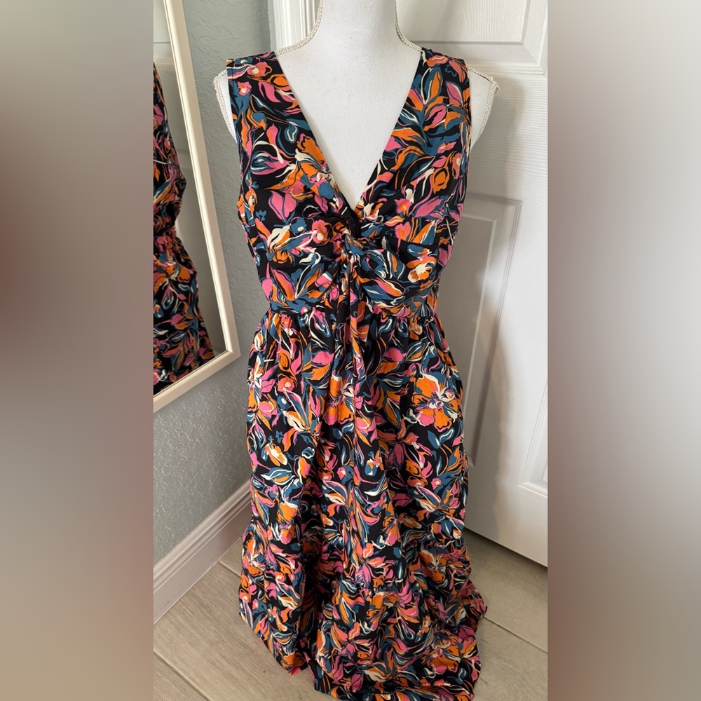 French Connection 100% Cotton Floral Twist Front Sleeveless Midi Dress Large
